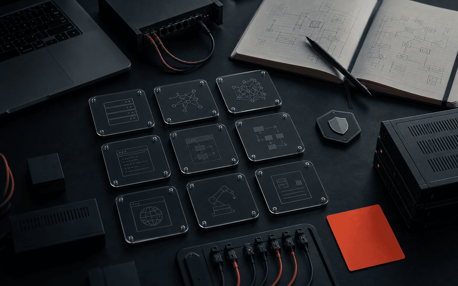 Mesa técnica oscura con módulos de aplicaciones, infraestructura y seguridad conectados por detalles en coral
